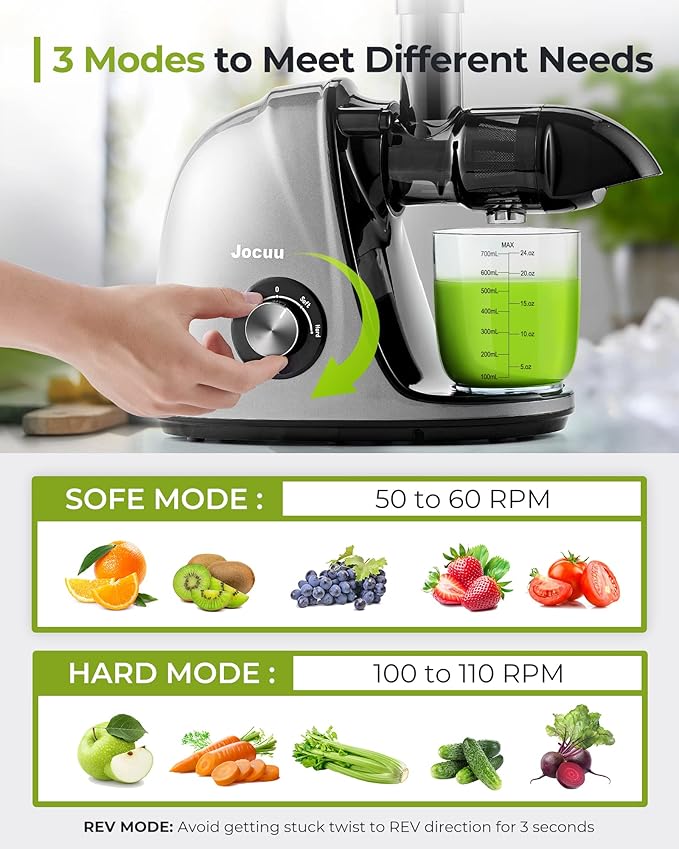 Jocuu Slow Masticating Juicer Machines with Soft Hard Modes Easy to Clean Quiet Motor & Reverse Function, Cold Press Juicer for Fruit & Vegetable, 90% Juice Yield, with Brush & Recipes (Grey)