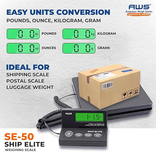 American Weigh Scales Digital Shipping Scale | Highly Accurate Multifunctional Postal Package & Luggage Weighing Scale | 110 lbs x 0.1 oz | Backlit LCD | Battery & AC Adapter | Compact Platform