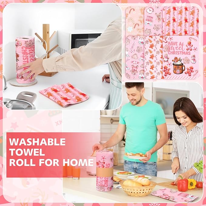 36 Pack Reusable Cleaning Cloths Washable Cotton Kitchen Dish Towels for Home Christmas Party Supplies Bulk, 9.84x11.81in (Pink Gingerbread)