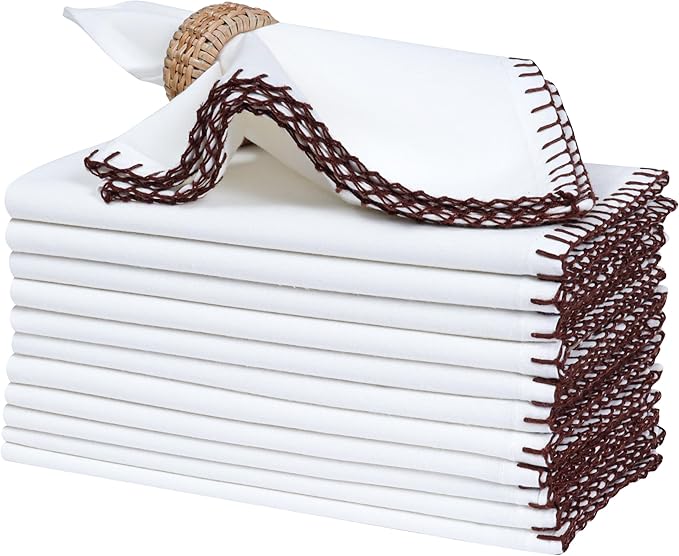 Bedding Craft Cotton Cloth Dinner Napkins Set of 12 – 18x18 Hot Chocolate Brown Cloth Napkins with Blanket Stitch Selvedge – Reusable Fabric Napkins for Wedding Receptions, Dining & Table Décor