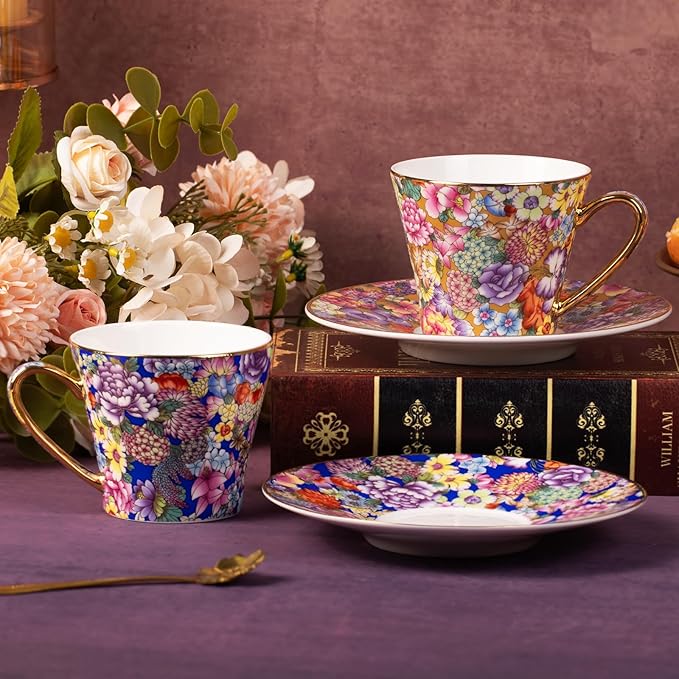 KAMMAK Tea Cups and Saucers Set of 2, Porcelain Coffee Cup with Saucer for Espresso, Cappuccino, 7.5oz Vintage Yellow Floral Ceramic Demitasse Mug for Home, Tea Party, Office