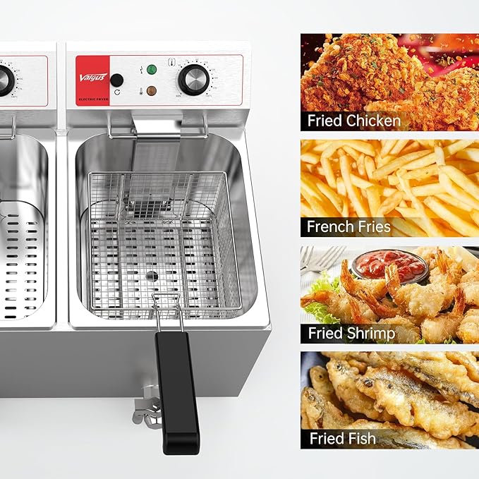 Valgus Dual Tanks Commercial Deep Fryer Electric 1700W 120V 26L Large Capacity Stainless Steel Countertop Kitchen Frying Machine with Basket & Lid, Drain System for Home Kitchen and Restaurant