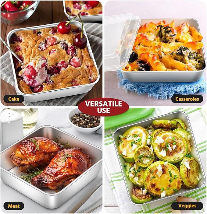 E-far 6 x 6-Inch Square Baking Pan with Lid, Small Stainless Steel Cake Brownie Pans Trays Dishes for Toaster Oven Air Fryer, Healthy & Dishwasher Safe - Set of 2(2 Pans + 2 Lids)