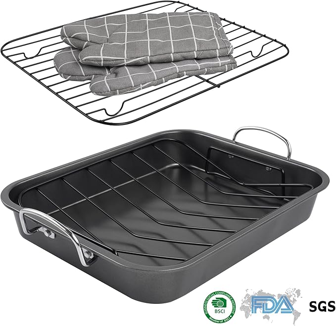 Kitcom Nonstick Roasting Pan with Rack, 16 Inch x 11.5 Inch Rectangular Roaster Set for Roasting Turkey, Chicken, Meat and Veggies, Gray