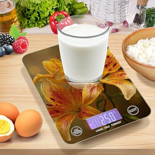 Yellow Lilies Flowers Food Scale Kitchen Digital Scale Food Ounces and Grams Dieting Baking Cooking Waterproof Glass Panels LCD Display,4 Units Tare Function