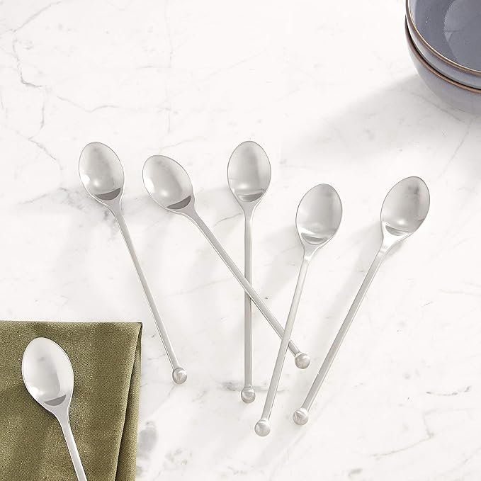 KNORK 8-Inch Long Handle Matte Iced Tea Spoon, Stainless Steel Cocktail Stirring Spoons (6 Piece Set)