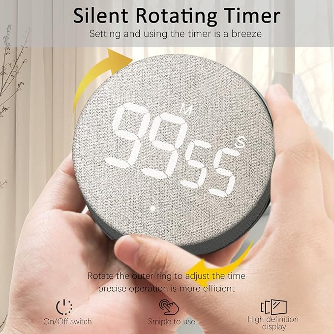 AVINIA Fabric Digital Kitchen Timer, Rechargeable with Large LED Display 0-99Mins, Magnetic Countdown Timers for Home Classroom Office Fitness Grey