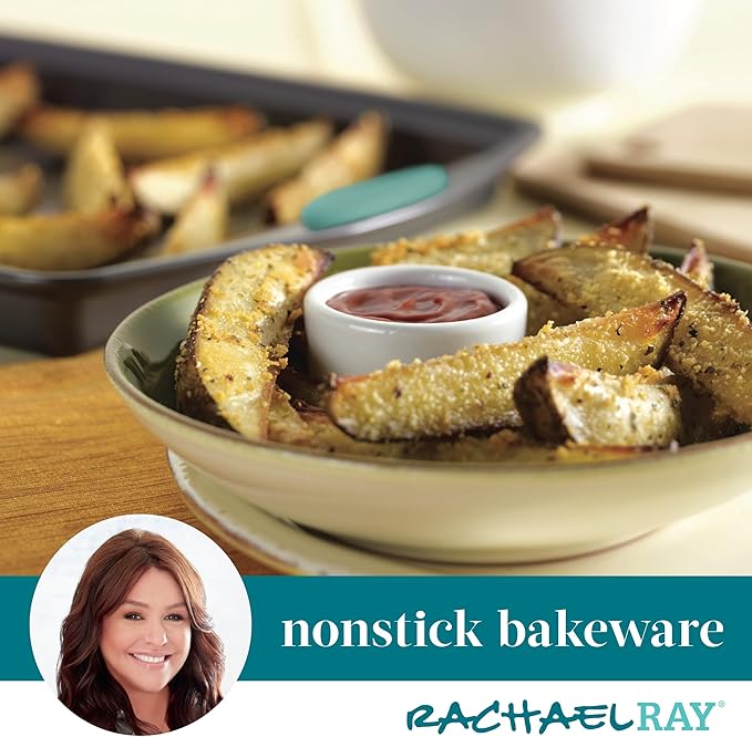 Rachael Ray Bakeware Nonstick Cookie Pan Set, 3-Piece, Gray with Agave Blue Grips