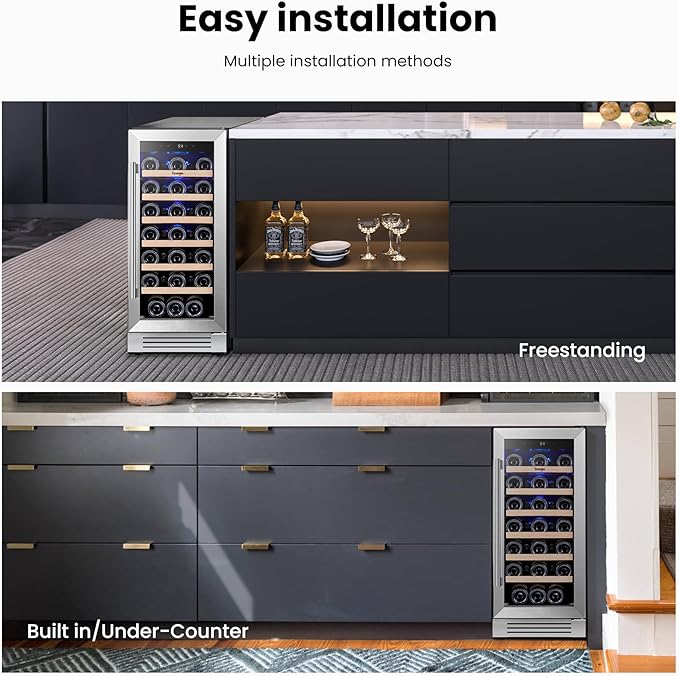 Yeego Wine Fridge – 15 Inch 33 Bottle Wine Cooler Refrigerator with Glass Door, 40-65℉ Touch Control, Built-In or Freestanding, Ideal for Home Bar & Kitchen