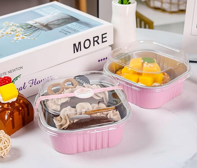60 Pack Mini Cake Pans with Lids, Mini Aluminum Pans, Disposable Loaf Pans Cupcake Liners with Lids for Pudding, Souffle, Party, Wedding (Pink, 10 oz)