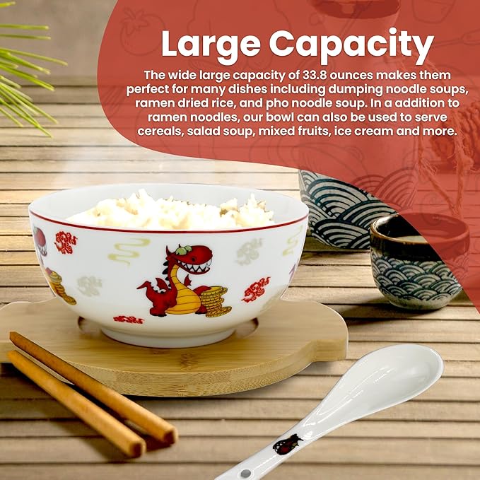 XWORLD Japanese Ceramic Ramen Noodle Bowls Set with Ceramic Spoon, Bamboo Chopsticks, Lid & Trivet, Serving Capacity of 20 OZ, Microwavable Oven Safety (2.75” x 5.75” D) (Dragon and money)
