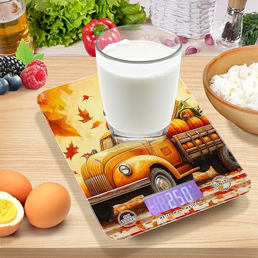 Fall Thanksgiving Pumpkin Truck Food Scale Kitchen Digital Scale Food Ounces and Grams Dieting Baking Cooking Waterproof Glass Panels LCD Display,4 Units Tare Function