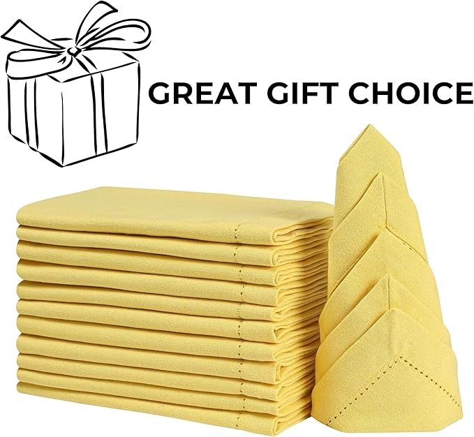 Bedding Craft Cotton Dinner Napkins Set of 12 – 18x18 Sand Yellow with Hemstitched Mitered Corners – Machine Washable Fabric Napkins for Thanksgiving, Weddings & Cocktails