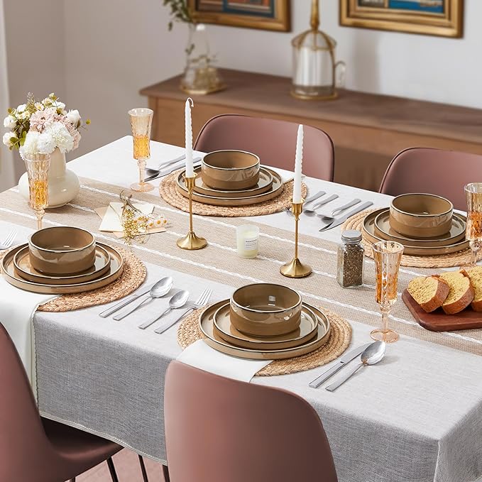 LIANYU 24 Piece Stoneware Dinnerware Sets, Modern Plates and Bowls Dishes Set for 8, Elegant Dinning Dishware for Dinner Salad Cereal, Dishwasher & Microwave Safe, Amber Gold