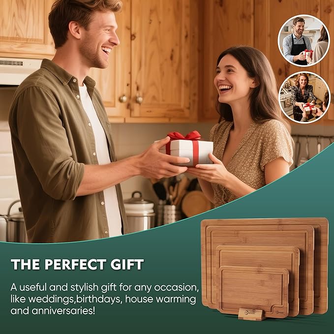 Wood Cutting Board Carbonized Bamboo Set With Smooth Surface Set 4 Packs with Non Slip Feet Holder and Over Sink Solid Thick Durable Wood Charcuterie Cheese Serving Tray Kitchen Gadgets (Carbonized)