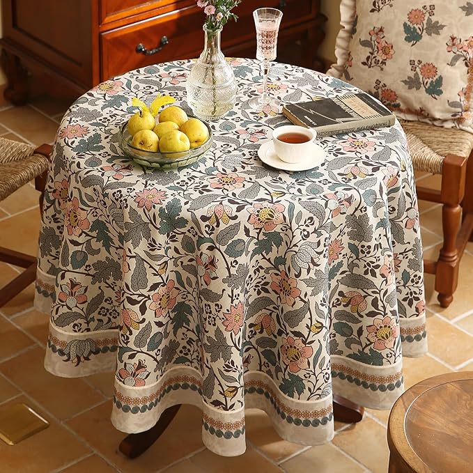 Floral Tablecloth for Round Tables,Linen Table Cloth with Gray-Green Tone and Silver Lotus Pattern,Heavy Durable Table Cover for Dining Kitchen Decor Party Christmas,Diameter 55"