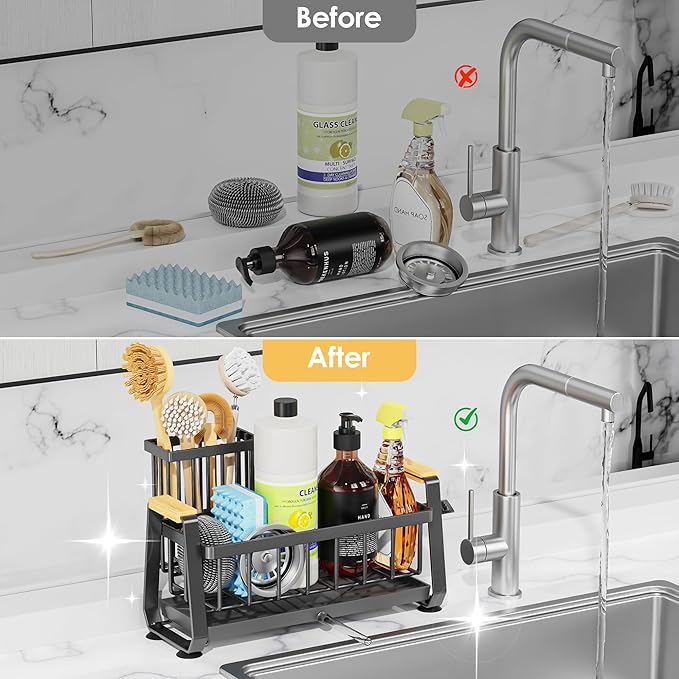 Doasuwish Sponge Holder for Kitchen Sink with Dish Brush Holder, Rustproof 304 Stainless Steel Sink Caddy for Kitchen Countertop Accessories & Storage