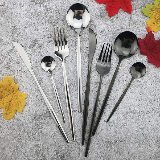 JASHII Black Flatware Serving Set 24 Piece, Stainless Steel Silverware Set, Titanium Black Cutlery, Modern Elegant Tableware for Party, Christmas, Dinner