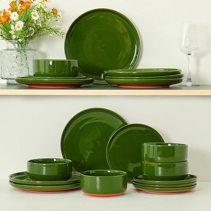 12 Piece Ceramic Dinnerware Set for 4, Modern Minimalist Stoneware Dinner Plates and Bowls, Microwave Safe, Dishwasher Safe, Versatile for All Seasons, Forest Glaze Green