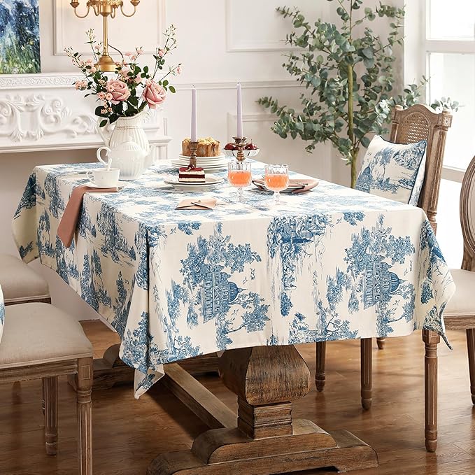 patdrea Designer Cyan Tablecloth for Rectangle Tables,Vintage Linen with Ancient Castle and Manor Pattern Tablecloths,Elegant Table Cover Cloth Decor for Kitchen Dining Christmas,63"*87"