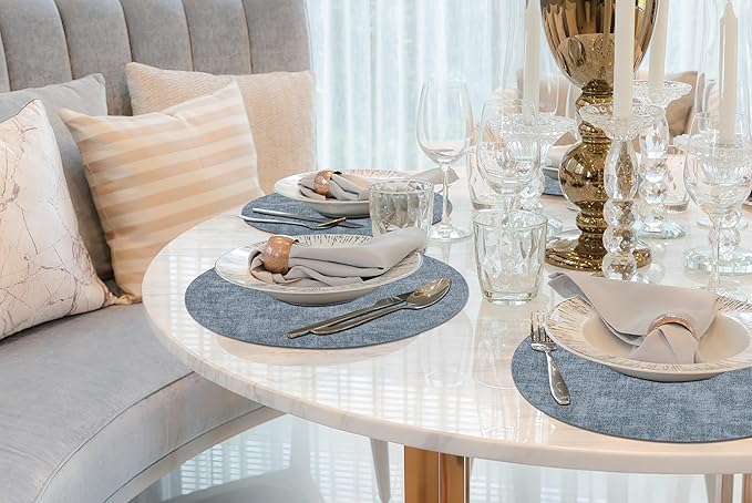 homing Round Faux Leather Placemat and Coaster 6 Packs, Washable Heat Resistant Dining Place Mats, Wipeable Double-Sided Table Mats for Indoor and Outdoor, Diameter 13 and 3.93 inch, Blue