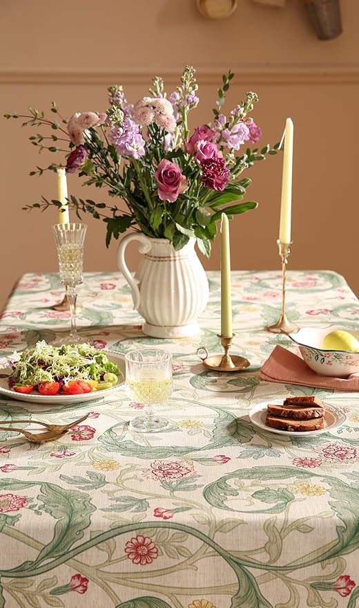 patdrea Designer Green Tablecloth for Rectangle Tables,Vintage Linen with Leaves and Flowers Pattern Tablecloths,Farmhouse Floral Table Cover Cloth Decor for Kitchen Dining Christmas,55"*87"