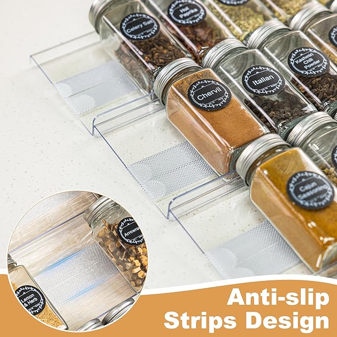 8-Pack Spice Drawer Organizer, Expandable Acrylic Seasoning Rack (13" to 26") with Anti-Slip Mat, Kitchen Spice Rack Tray Holds up to 56 Jars (Jars Not Included)