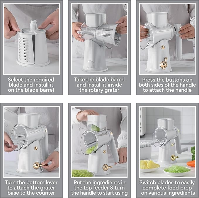 COOK WITH COLOR Rotary Cheese Grater with Handle - Counter Cheese Grater Suction Base with Hand Crank - 5 Blade Cheese Shredder - Easy to Use Manual Vegetable Chopper and Mandolin