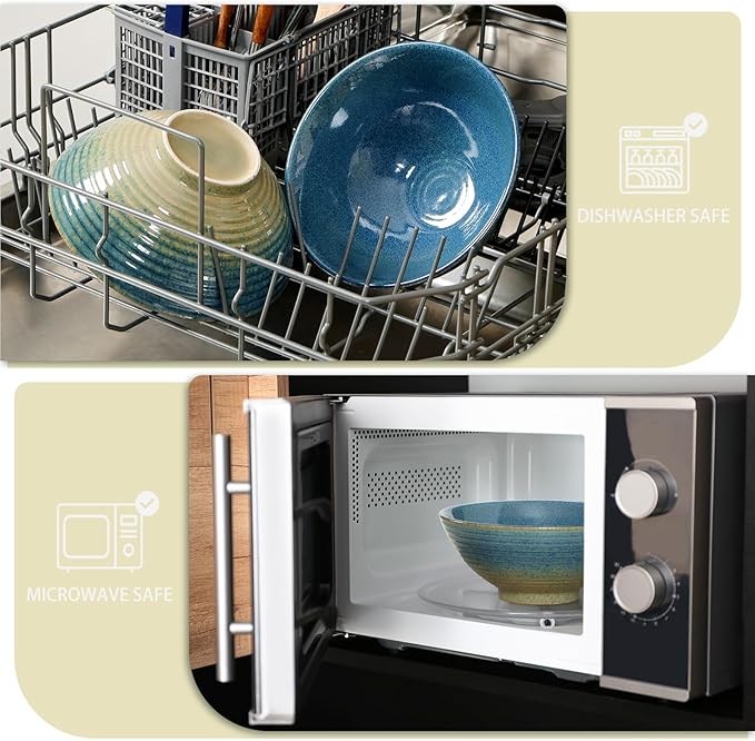 NUTRIUPS 8 Inch Ceramic Ramen Bowl Set of 2 Pho Bowls 40oz Japanese Noodle Udon Soup Bowls with Spoons and Chopsticks (Ice Crack Blue)