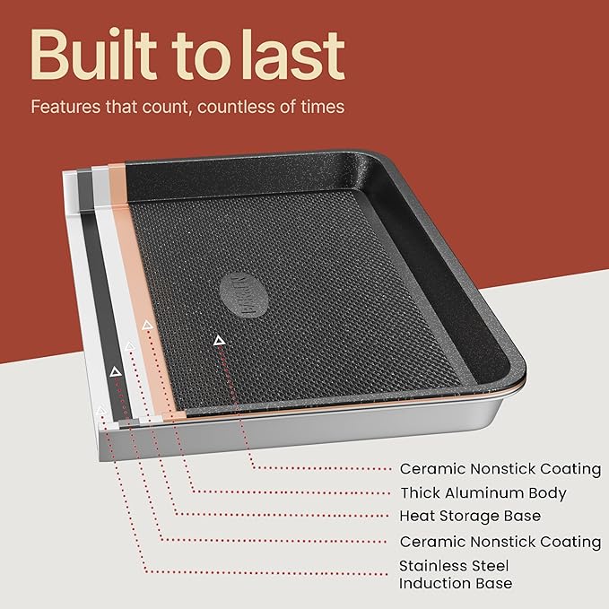 BAKKEN Kitchen Baking Pans - Nonstick Gray Coating, 13.58’’ × 9.65’’ Commercial Grade Carbon Steel Cookie Sheet, Diamond Texture Bottom, PFOA, PFOS, PTFE Free, Oven Safe Tray (450°F), Gray Marble