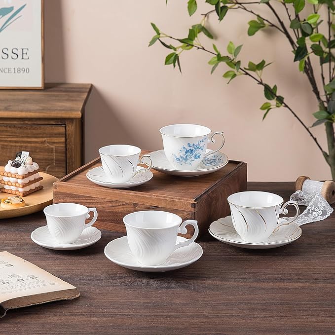 Tea Cups Set Of 4, Tea Cup And Saucer Set,6oz for Tea,Coffee, Latte, Cafe Mocha, Porcelain Tea Party Set (Pure white set of 4)