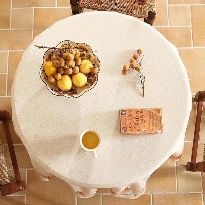 patdrea Designer Orange Tablecloth for Round Tables,Pineapple Tree Pattern Linen Tablecloth,Tropical Style Fruit Table Cover Cloth Decor for Kitchen Dining Christmas,Diameter 55"