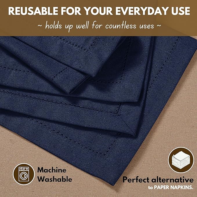 Native Fab Cloth Napkins Set of 4, 100% Cotton, Hemstitch Mitered Edges, Washable Fabric Napkins, 18x18 inch, Soft, Breathable, Reusable Hotel Quality Napkins for Events, Party, Wedding - Navy Blue