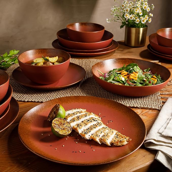 Bloomhouse Palermo Sun Double Bowl Stoneware Reactive Glaze Plates and Bowls Dinnerware Set - Paprika Red, Service for Four (16pcs)