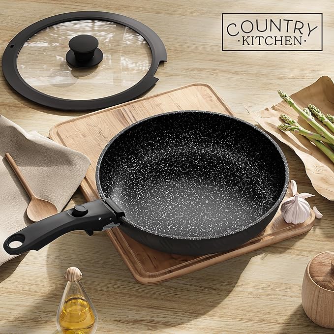 Country Kitchen Cookware Set with Removable Handle, Oven & RV Safe Pots and Pans Set, Black Rhombus, Original