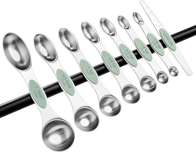 Spring Chef Stainless Steel Magnetic Measuring Spoons Set of 8 with Leveler, Dual Sided Teaspoon & Tablespoon Set, Nesting Metal Kitchen Gadgets for Baking & Cooking, Fits in Spice Jars - Pistachio