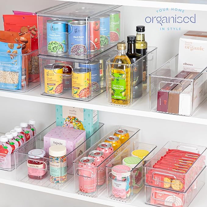 Plastic Food Storage 2 Pack Clear Container Bin with Handles for Organizing Kitchen, Pantry, Refrigerator, Freezer, Pantry, Cabinet, Closet, Bathroom. 10”x4”x6”