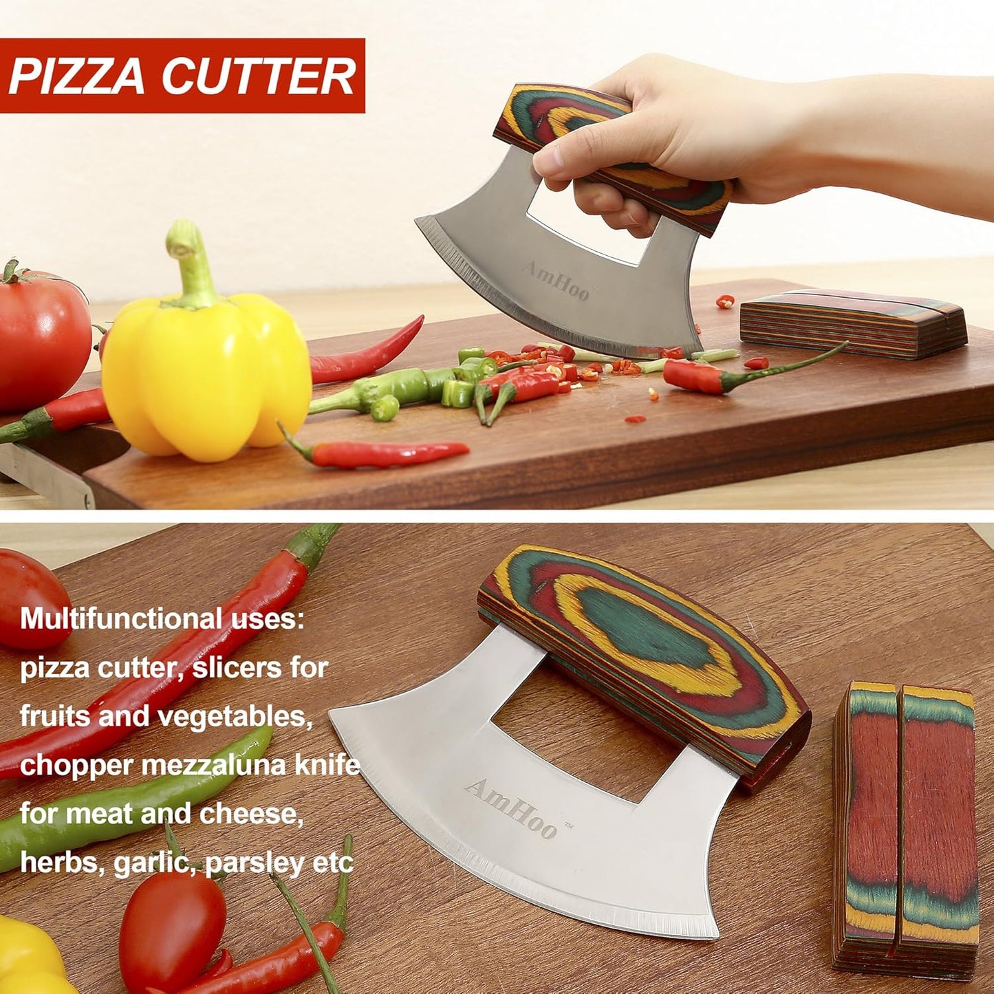 Amhoo Pizza Cutter Chef Mezzaluna Ulu Knife Handle Color Wood Grip Sharp Rocker Slicer Stainless Steel Blade Salad Onion Vegetable Chopper with Holder Base Christmas Gifts