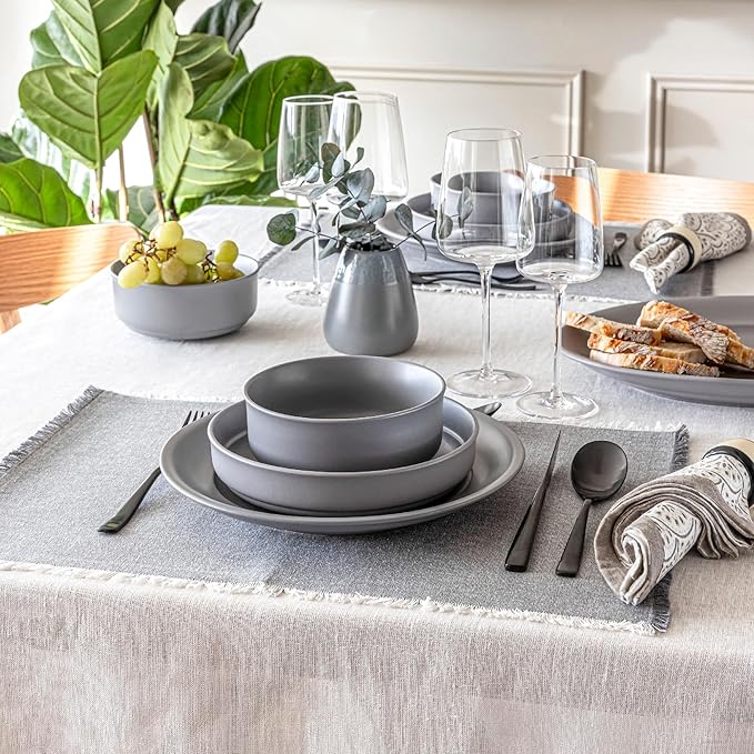 over&back 100%-Linen Woven Tablecloth - Colorful Dining Room Table Cover - Mitered Corner Hems - Machine Washable - Kitchen and Home Decor - Ivory - 70x108