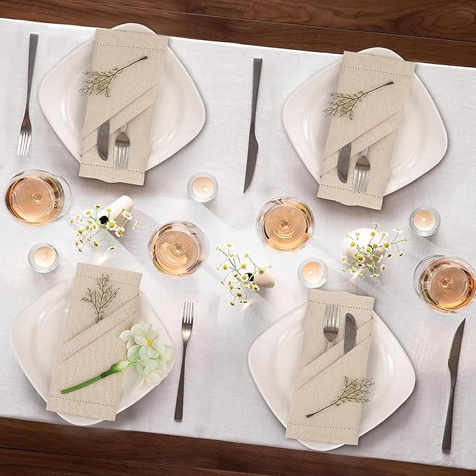 Ruvanti Premium Linen Napkins Set of 12-20x20 Inch, Classic Hemstitch, Mitered Corner Cloth Napkins - Soft, Elegant Dinner Napkins Cloth Washable for Weddings, Parties, Everyday Use - Natural