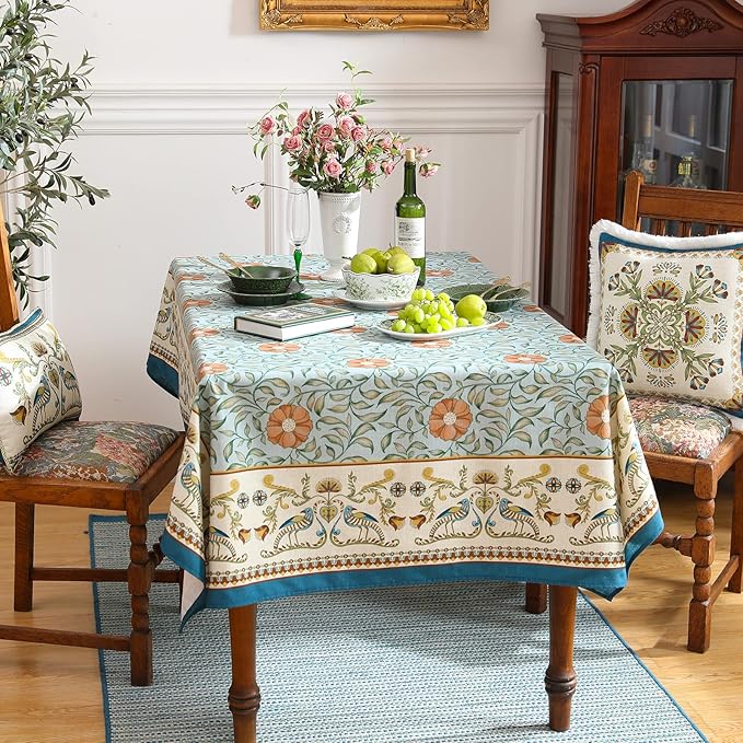 patdrea Designer French Linen Blue Tablecloth for Rectangle Table,Vintage Floral Table Cloth,Colorful Decoration Fall Cover Kitchen Dining for Thanksgiving,Christmas,63"x94"-Wensel
