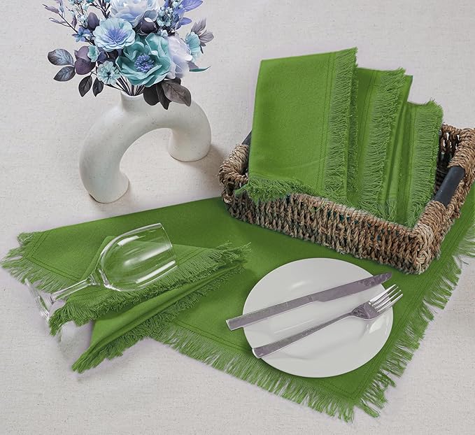 Bedding Craft Cotton Cloth Dinner Napkins Set of 12 – 18x18 Salted Lime with Frayed Selvedge Edges – Machine Washable Fabric Napkins for Weddings, Baby Showers, Parties & Dining