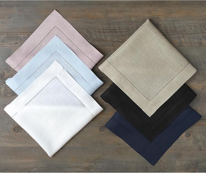 Solino Home Linen Napkins Set of 4 - Classic Hemstitch 100% Pure Linen Royal Blue Dinner Napkins Cloth 20 x 20 Inch - Handcrafted and Machine Washable - Holiday, Winter, Christmas