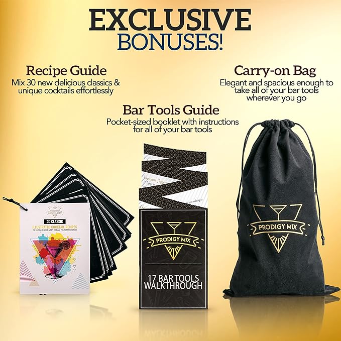 Elite Mixology Bartender Kit 20-Piece Boston Cocktail Shaker Set for Mixing with Stand- Indestructible Bar Accessories Bartending Kit, Cocktail Bar Set, Bartender Set, Bonus Recipe Cards Bar Tools