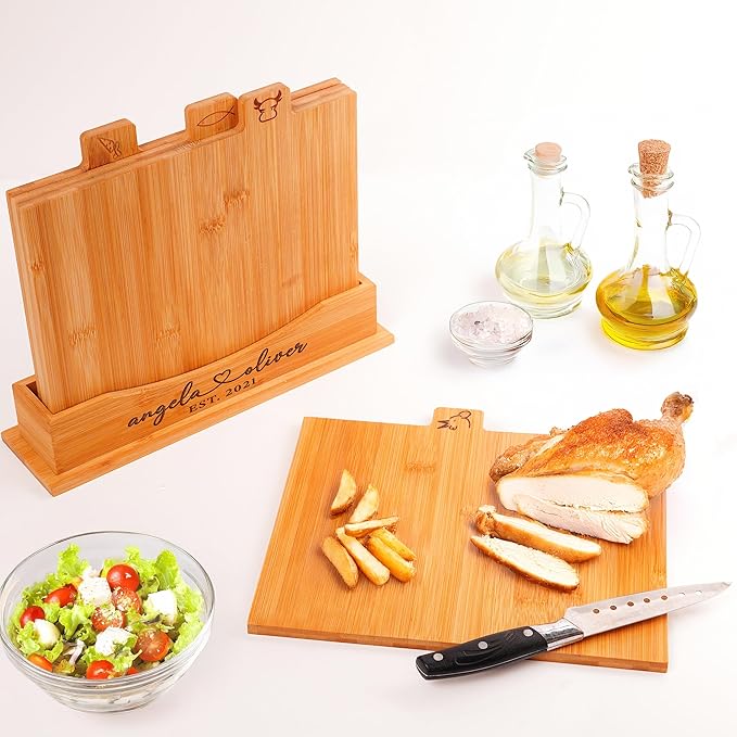 4-Piece Custom Wooden Chopping Boards for Kitchen, Wedding Gift for Couple 2025, Personalized Cutting Board Set with Holder, Gifts for Anniversary, Christmas, Housewarming, New Home, Engagement