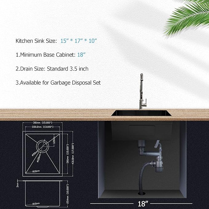 Lordear Black Bar Sink Undermount 15x17 inch Kitchen Sinks 16 Gauge Deep Single Bowl Stainless Steel Sink Basin Handmade