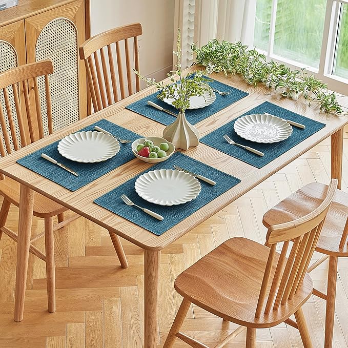 Softalker Faux Linen Placemats Set of 12-12 x 18 Inch, Heat Resistant Double Layered Durable Burlap Farmhouse Place Mats, Non-Slip Washable Rustic Table Mats for Dining, Kitchen, Party(Teal