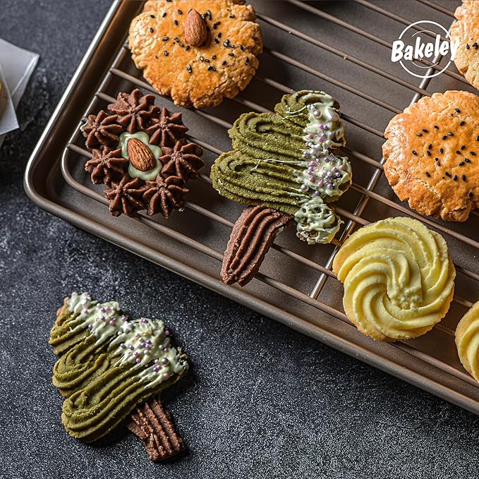 13-inch Baking Sheet Pan with Rack, Non-Stick Rectangular Shallow Dish Sheet Pan with Wire Rack for Oven Baking, BBQ, Jelly Roll and Roasting 13.5" x 9.6" x 1" (Champagne Gold)