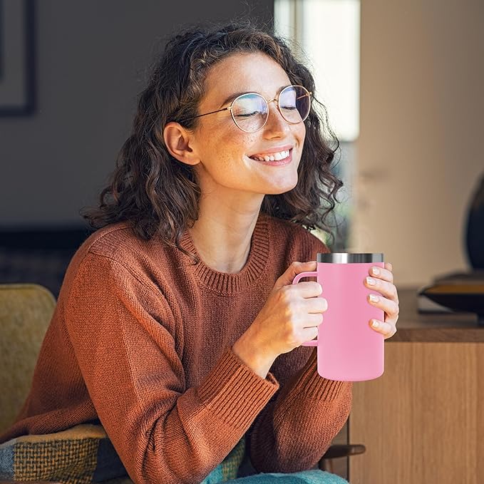 DOMICARE 24oz Mug with Handle and Lid, Stainless Steel Coffee Mug, Reusable Insulated Cup, Travel Mug with Handle, Double Wall Vacuum Coffee Tumbler for Men and Women, Pink, Pack 1