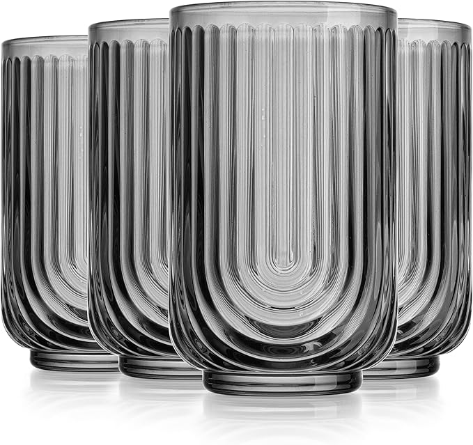 Vintage Glassware Art Deco Highball Glasses Set of 4 Smoke Ribbed Drinking Glasses 17 Oz Black U-Shape Arch Design Colored Cocktail Kitchen Tumblers